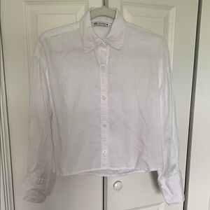 Zara White Linen Cropped Boxy Button Down Shirt